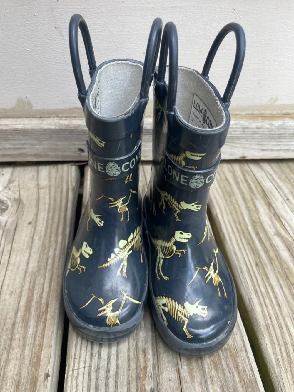 🦕🦖Lone Cone Kids Dinosaur Rain Boots Wellies Navy Yellow Size 5 Waterproof